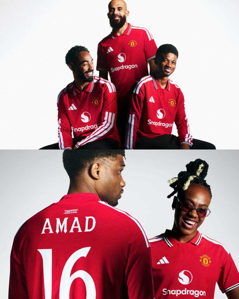 Red and white ManUtd home football jerseys with player names and numbers, including AMAD and 16, worn in a studio team lineup. - Totalsports