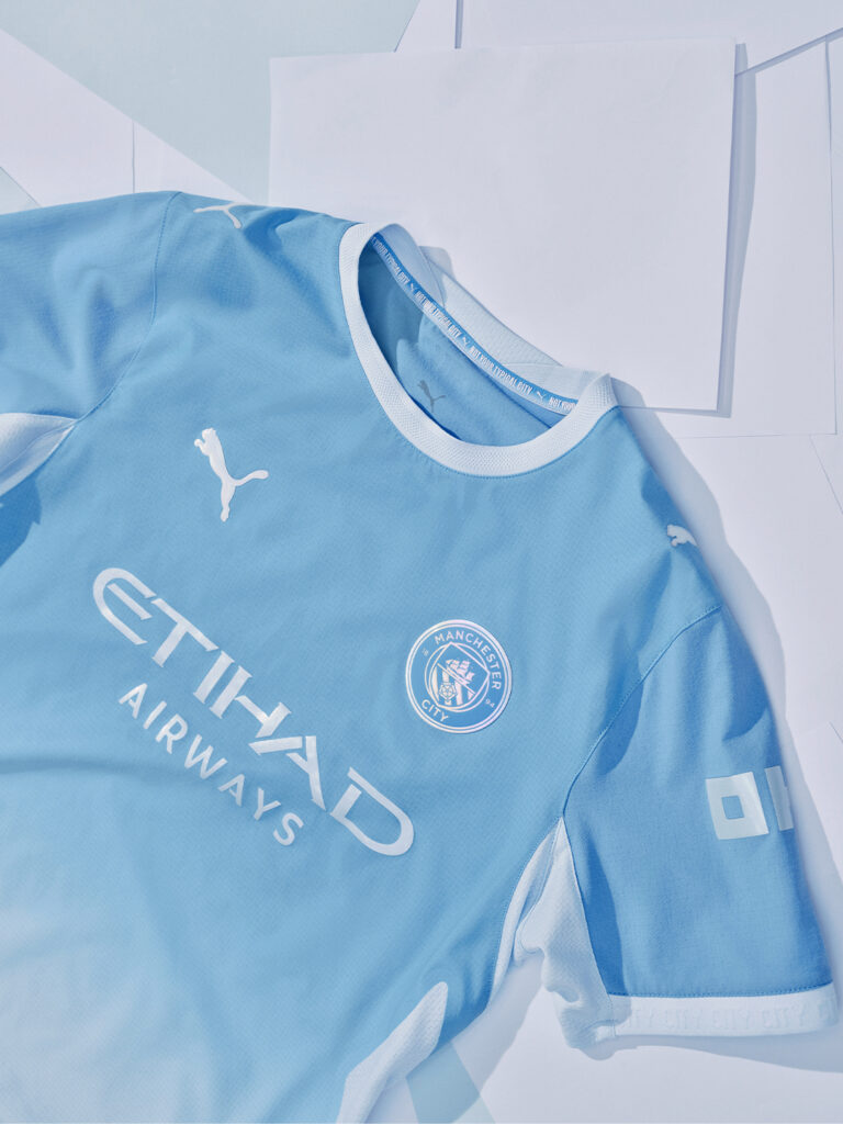 Light blue Manchester City home matchwear jersey with white trim, Puma logo and Etihad Airways sponsor branding displayed on a clean background. - Totalsports