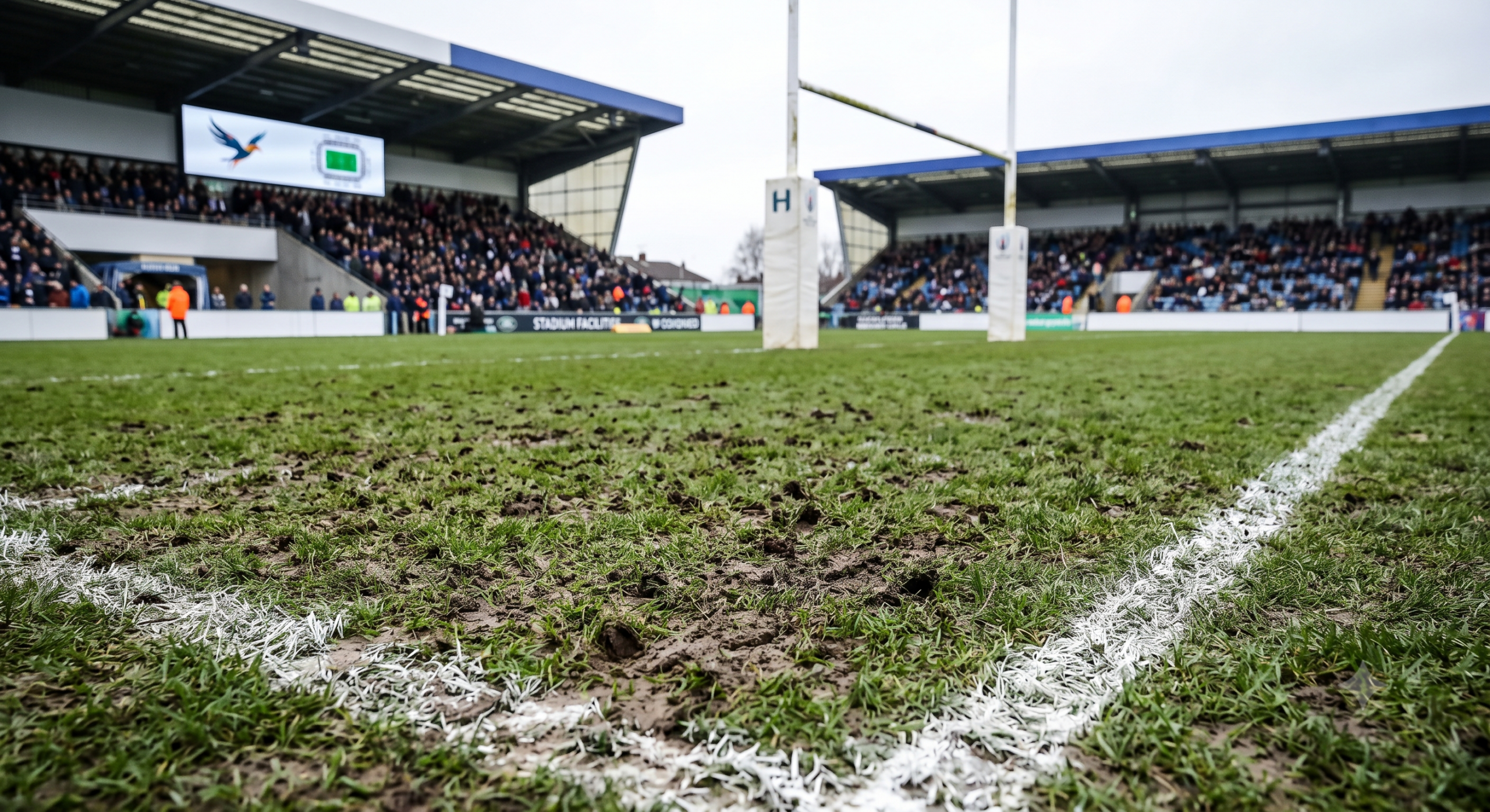 Across a muddy rugby pitch, packed stands frame a South African stadium during the Green and Gold Dominance Winter Series atmosphere on match day here. - Totalsports