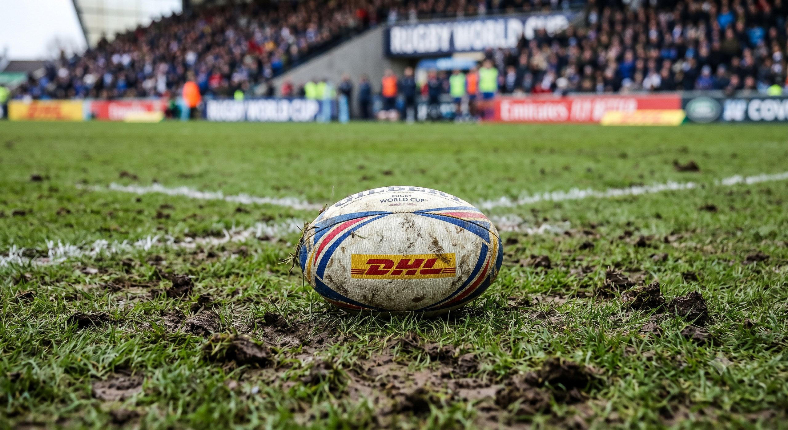 A muddy rugby ball rests on a wet pitch with a blurred crowd in the stands, capturing the rough conditions of winter training and match play under lights. - Totalsports